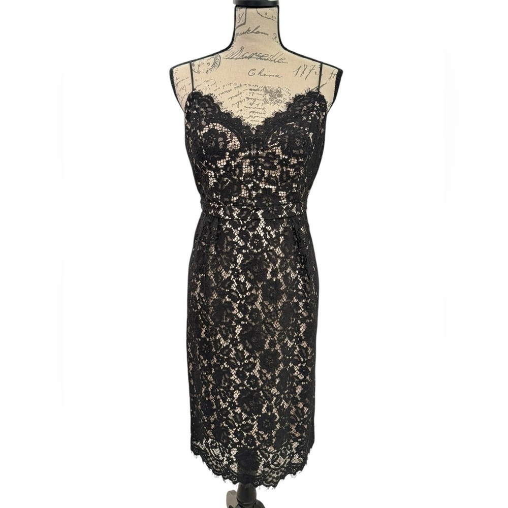 J. Crew Dress Black Lace Overlay Nude Lining MIDI Womens Size 8